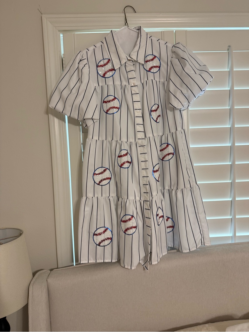 Fantastic Fawn White Pinstripe Mini Dress with Red & Blue Baseball Embroidery